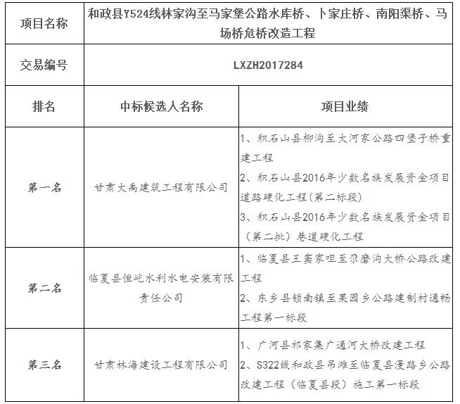 中標候選人項目業績