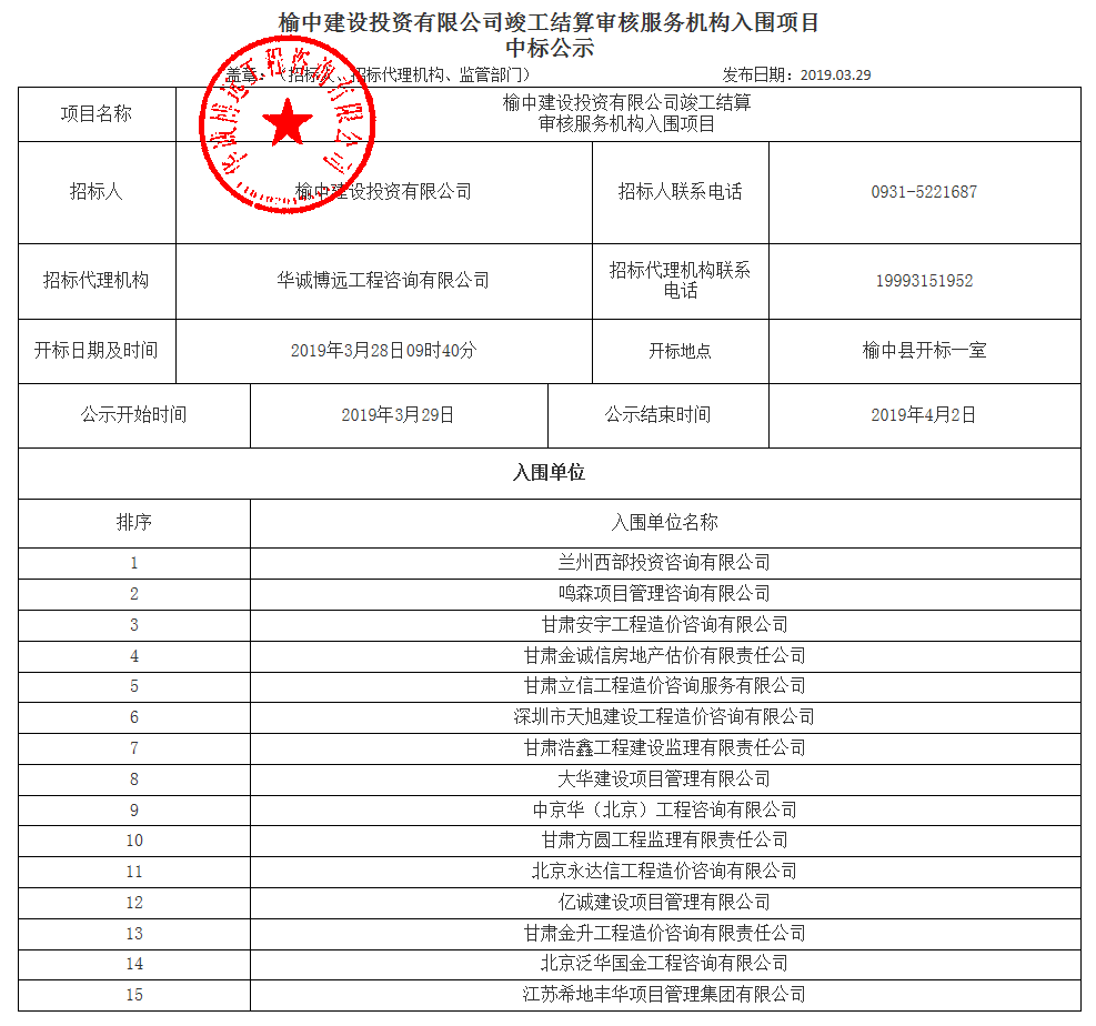 榆中建設投資有限公司竣工結算審核服務機構入圍項目