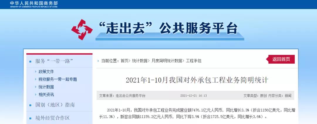 商務部：1-10月，我國對外承包工程業務完成營業額7476.1億元！