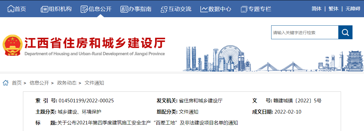 江西省 | 曝光2021年第四季度建筑施工安全生產“百差工地”及非法建設項目